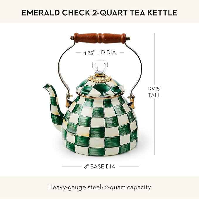 MACKENZIE-CHILDS Enamel Tea Kettle, Stylish Tea Kettle for Stovetop, Green-and-White Emerald Check, 2 Quarts
