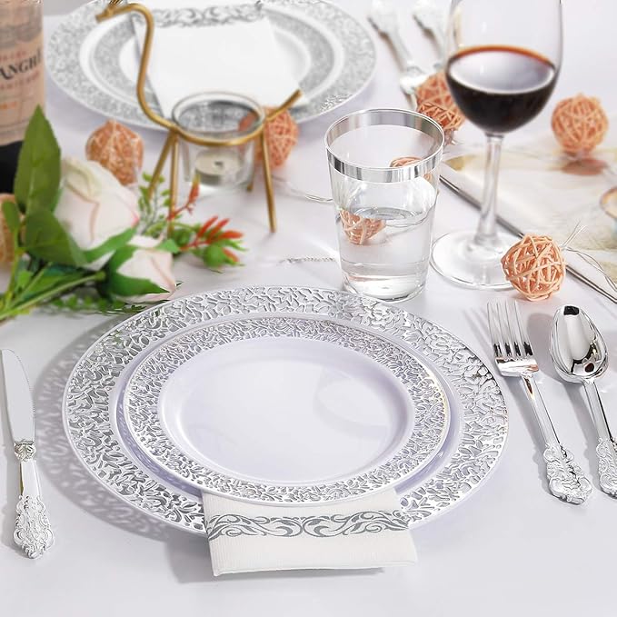 bUCLA 350PCS Silver Plastic Dinnerware Set - Silver Plates Disposable Lace Design for 50 Guests Include 100 Plates,50 Forks,50 Knives,50 Spoons,50Cups,50 Napkins,Ideal for Party,Wedding&Christmas