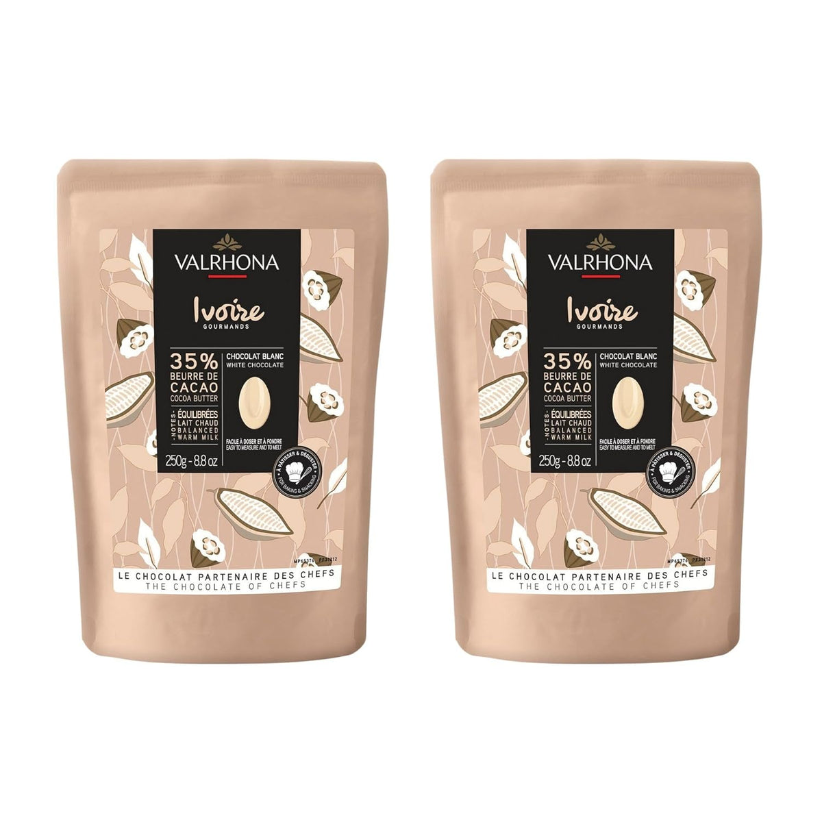 Valrhona Premium French Baking Creamy White Chocolate Discs (Feves) IVOIRE 35% Cacao. Easy Melt and Tempering. Hints of Vanilla & Warm Milk. For Sauces, Mousses, Frostings and Candies 250g (Pack of 2)