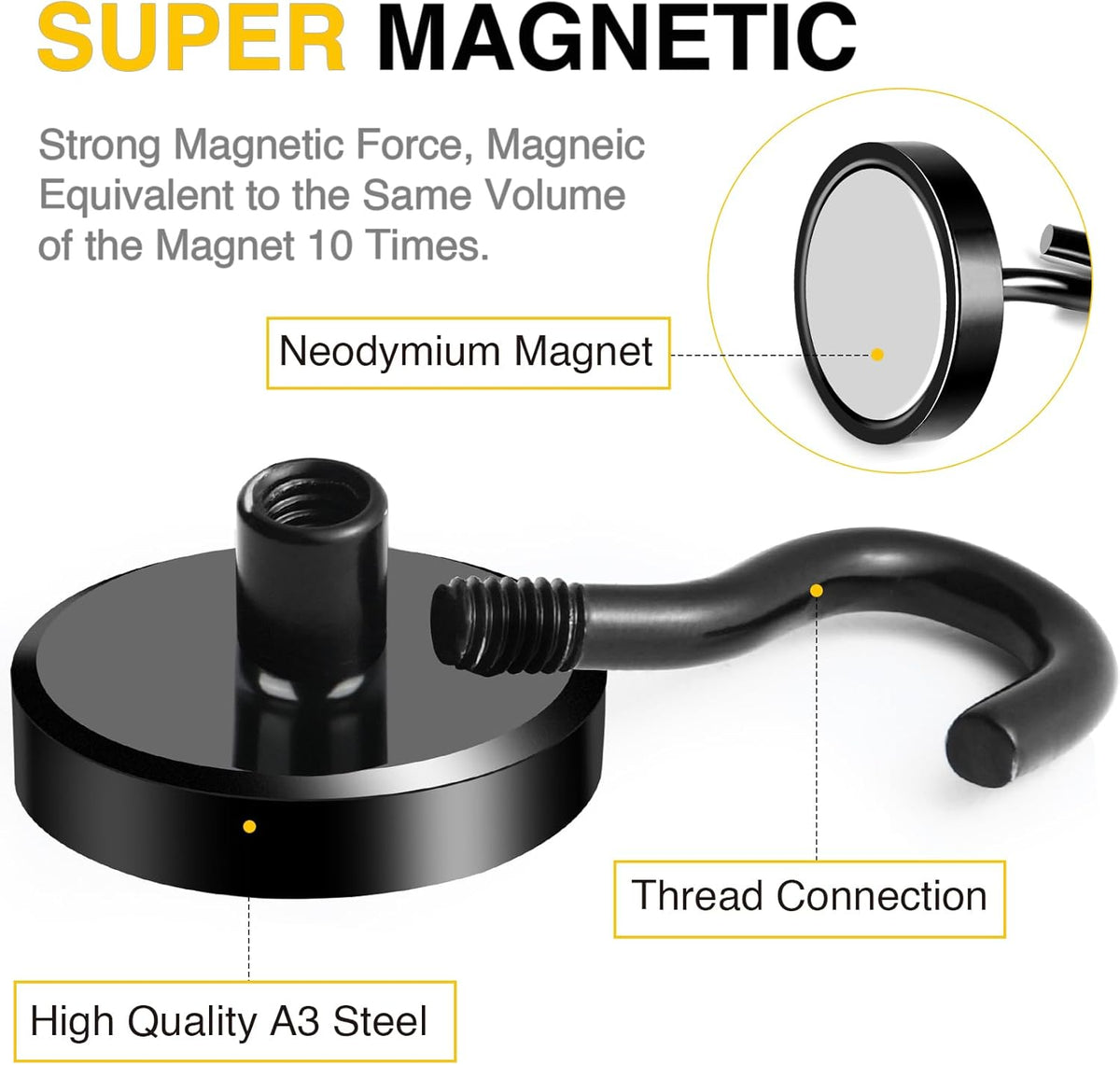 DIYMAG Outdoor Hooks for Hanging String Lights, Balck Magnetic Hooks Strong 118lbs+ Hanging Party Light Wall Cable for Outside Cruise Cabin Refrigerator Fridge Grills Must Have 10PCS