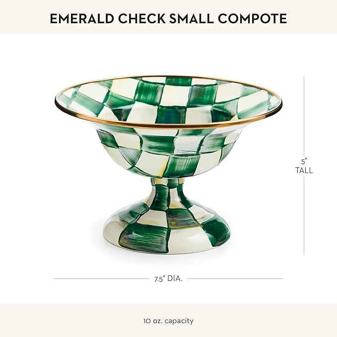 MACKENZIE-CHILDS Enamel Compote, Cute Enamel Pedestal Serving Dish or Decorative Bowl, Small, Green-and-White Emerald Check
