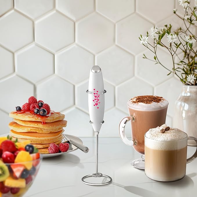 Zulay Kitchen Powerful Milk Frother Wand - Ultra Fast Handheld Drink Mixer - Electric Whisk Foam Maker for Coffee, Lattes, Cappuccino, Frappe, Matcha & Coffee Creamer - Milk Boss White with Hearts