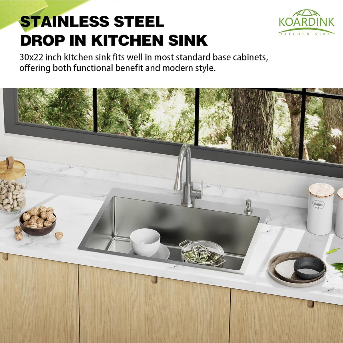 30x22 Inch Stainless Steel Kitchen Sink - Drop In Modern Single Bowl Topmount Kitchen Sink With Silicon Mat,Drain Strainer Set Offering Large Basin And Compatibility With Various Kitchen&Bar Style