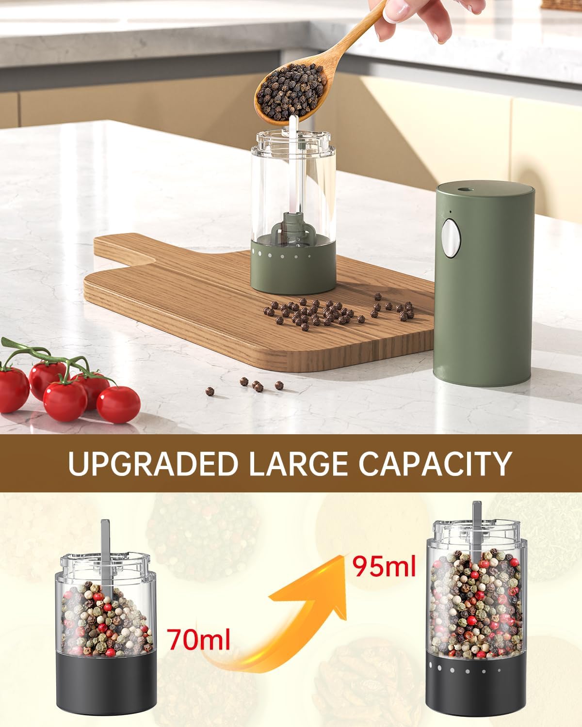 CIRCLE JOY Electric Salt and Pepper Grinder Set Rechargeable Salt and Pepper Mills with Storage Base, Adjustable Coarseness and LED White Light, Washable 95ml Container, Green