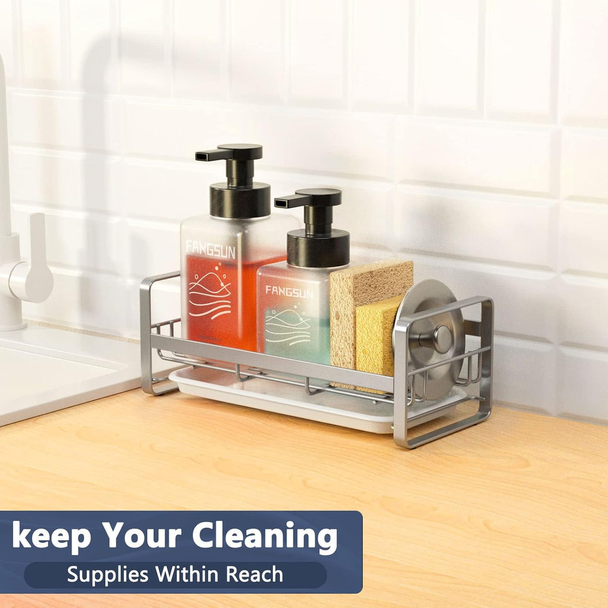 FANGSUN Large Sponge Holder for Kitchen Sink, 304 Stainless Steel Sink Caddy Organizer with Removable Drip Tray, Kitchen Countertop Dish Soap Holder, Not Include Soap Dispenser, Grey