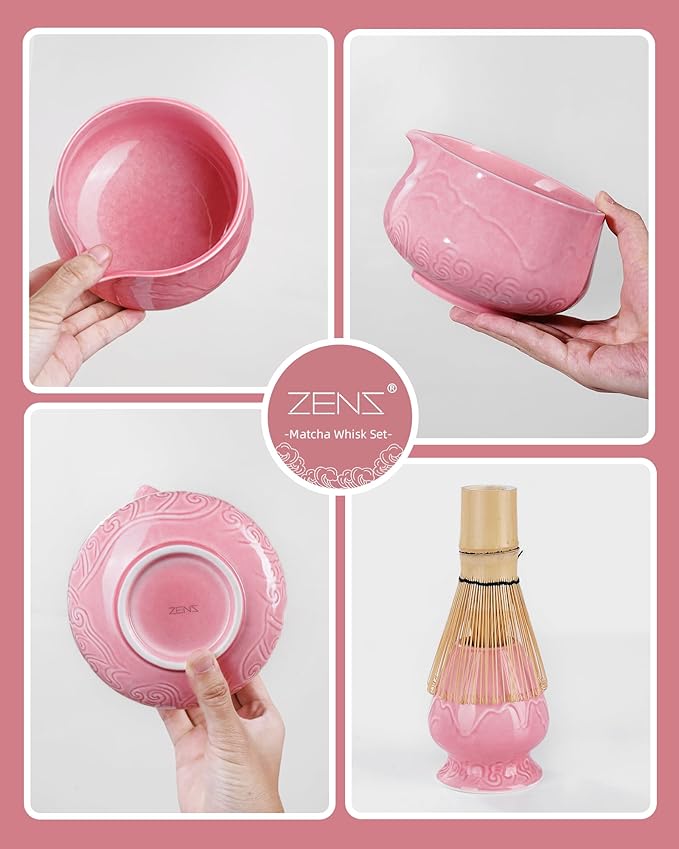 ZENS Pink Matcha Set, Matcha Whisk Set Includes 15oz Ceramic Bowl & (Chasen Holder), Bamboo Whisk & Scoop, Sifter and Pink Tea Towel, 6pcs Matcha Kit for Matcha Lovers