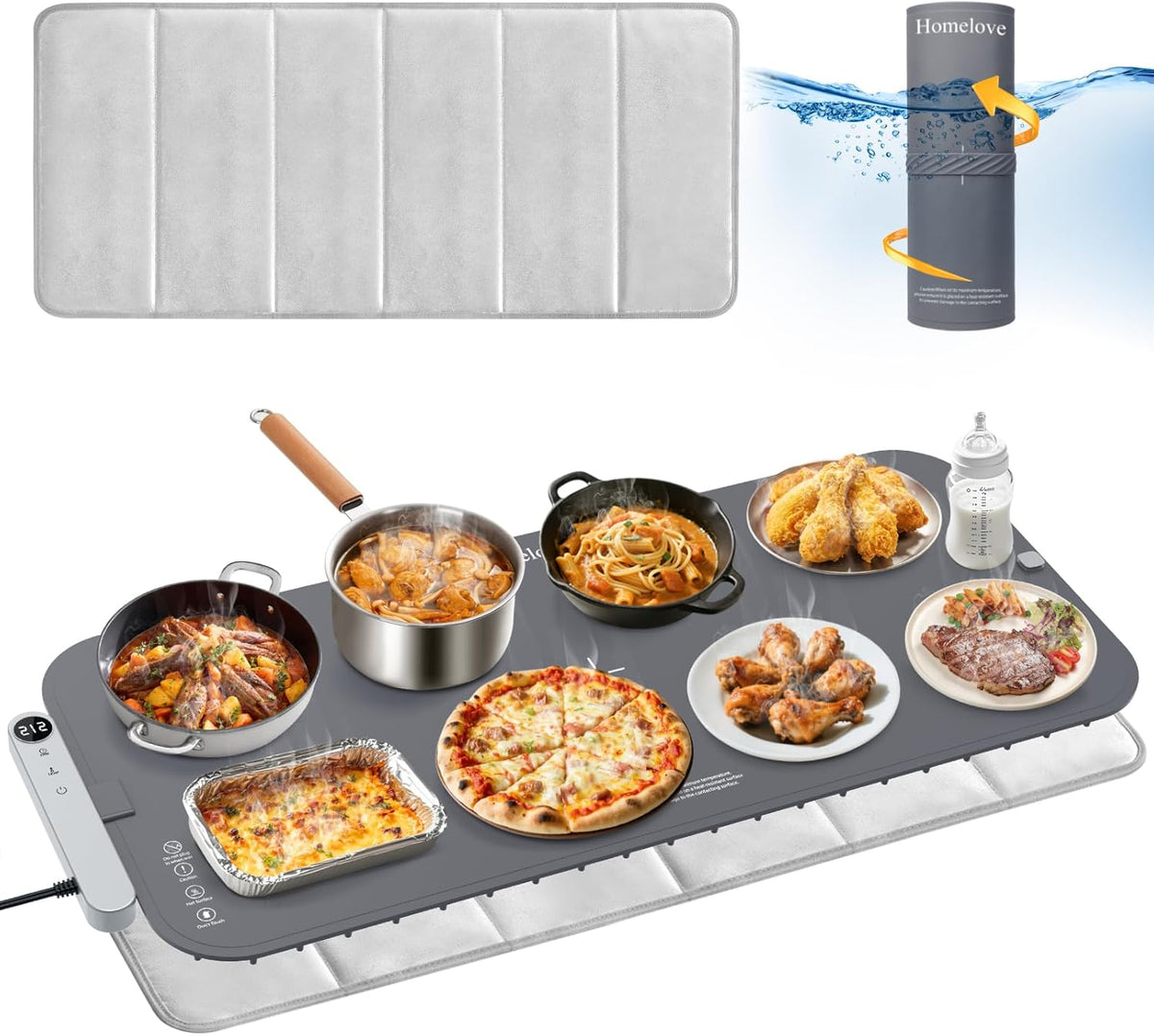 Homelove Food Warming Mat Waterproof - Electric Warming Tray with 6-Level Temperature and Hours Setting, Full Surface Graphene Heating, Dishwasher-Friendly Food Warmer Mat for Parties, Kitchen (Gray)