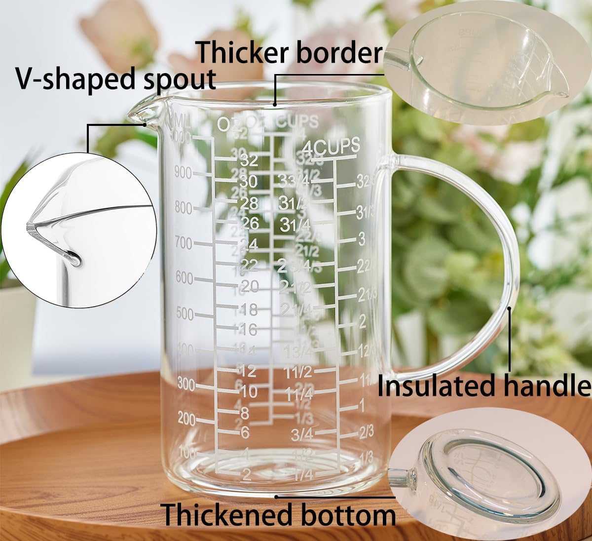 Ackers Mirror Etching Scale Glass Measuring Cup-[Insulated handle | V-Shaped Spout]-Made of High Borosilicate Glass Measuring Cup for Kitchen or Restaurant, Easy to Read, 1000 ML (32 Oz, 4 Cup)
