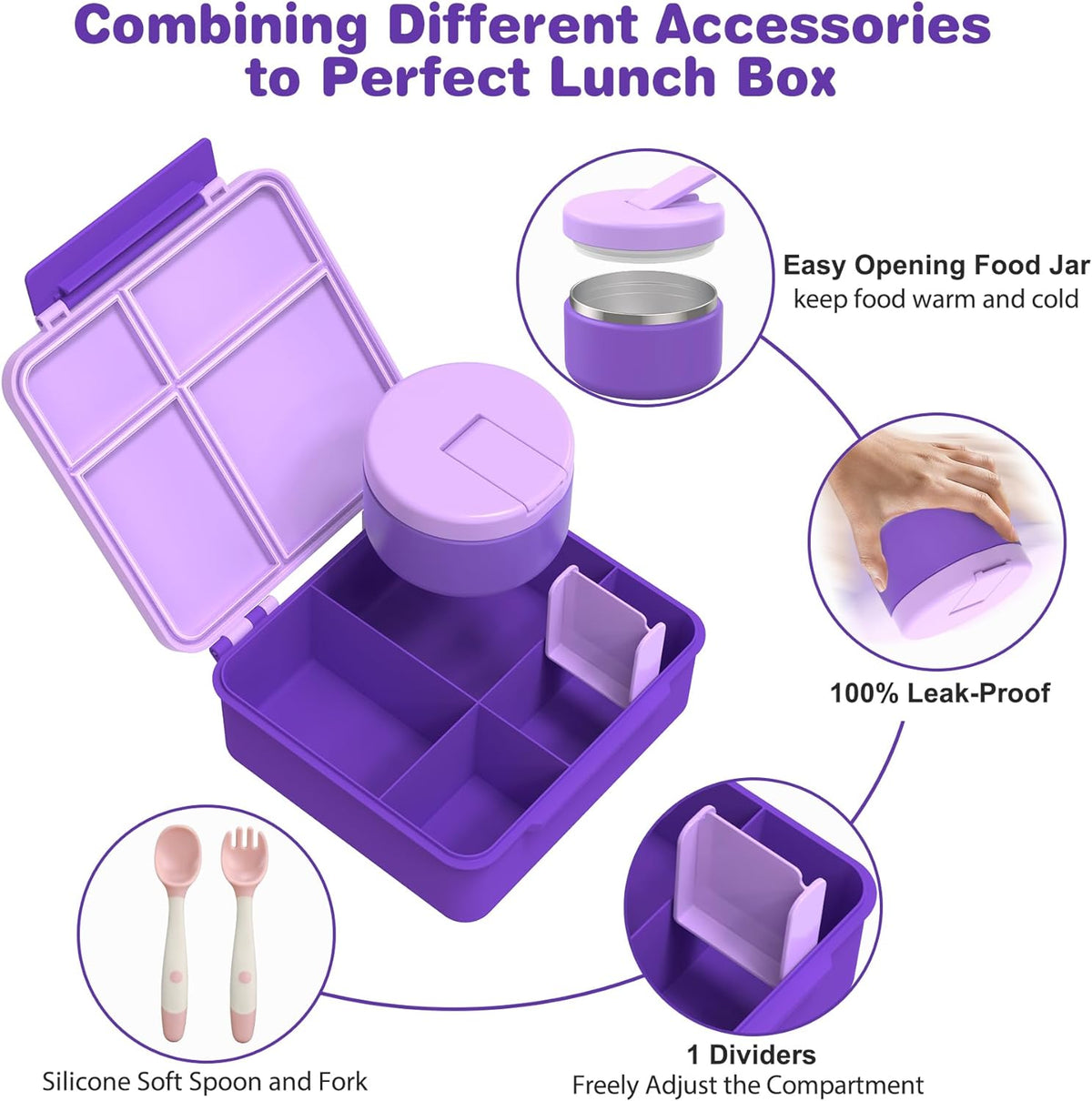 Bento Lunch Box with 8oz Soup Thermo, Kids Leakproof Lunch Food Containers with 4 Compartment, Kids Thermo Insulated Hot Food Jar for School, Trvael (Purple)
