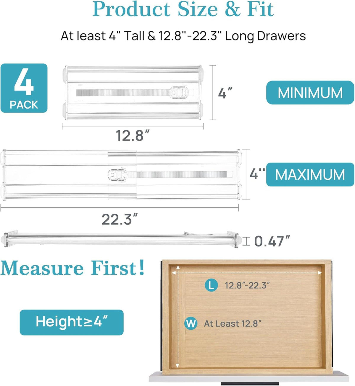 Vtopmart 4 Pack 4" Regular Upgrade Drawer Dividers for Clothes, 12.8"-22.3" Expandable Dresser Drawer Organizer, Clear Plastic Separators for Dresser, Baby Clothing, Underwear, Cosmetic, Toiletries