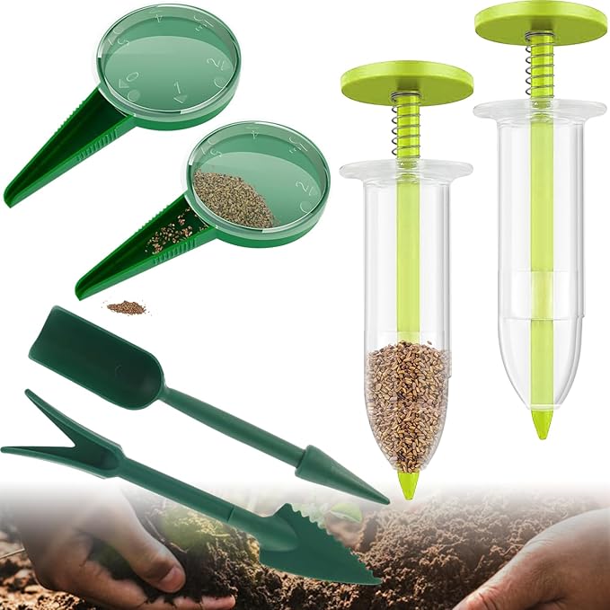 6 PCS Mini Seed Spreader, Sowing Dispenser With 5 Speeds, Small Planter Tool, Manual Seedlings Dibber and Widger Set, Handheld Sower for Tiny Seeds