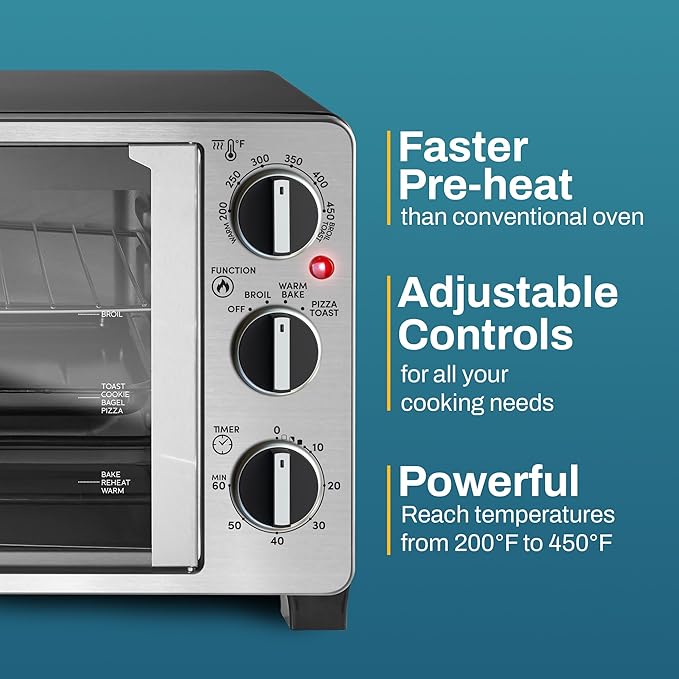 Elite Gourmet ETO2530M Double French Door Countertop Toaster Oven, Bake, Broil, Toast, Keep Warm, Fits 12" pizza, 25L capacity, Stainless Steel & Black