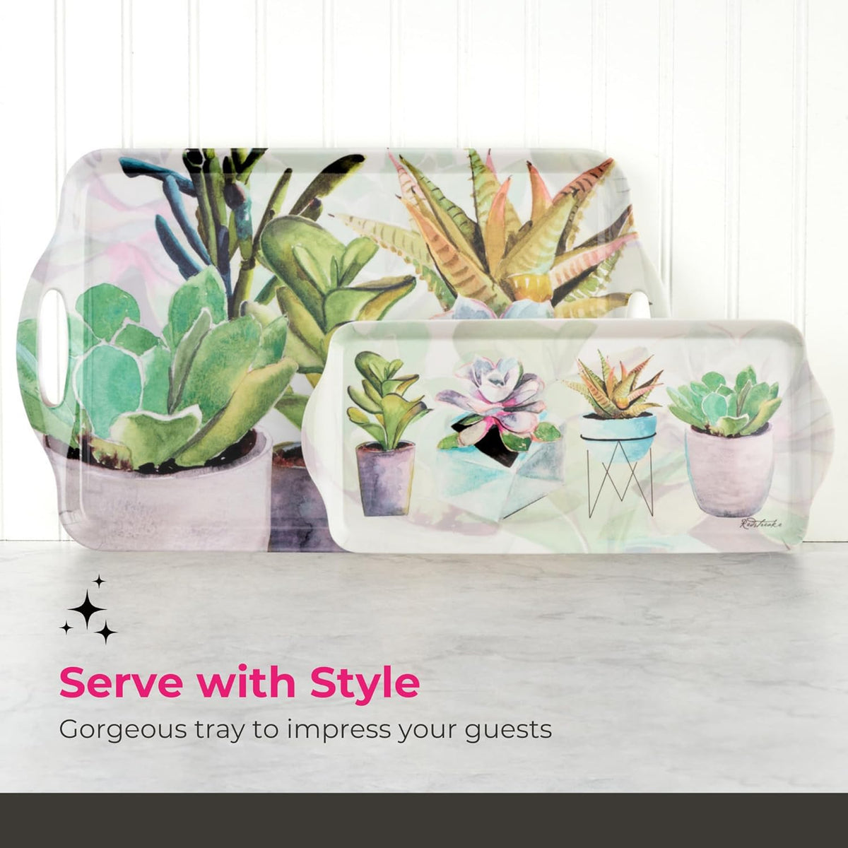 Pimpernel Succulents Large Handled Tray - 18.9" x 11.6" Melamine Serveware with Botanical Design - Dishwasher-Safe Decorative Breakfast & Coffee Tray for Hosting & Everyday Use