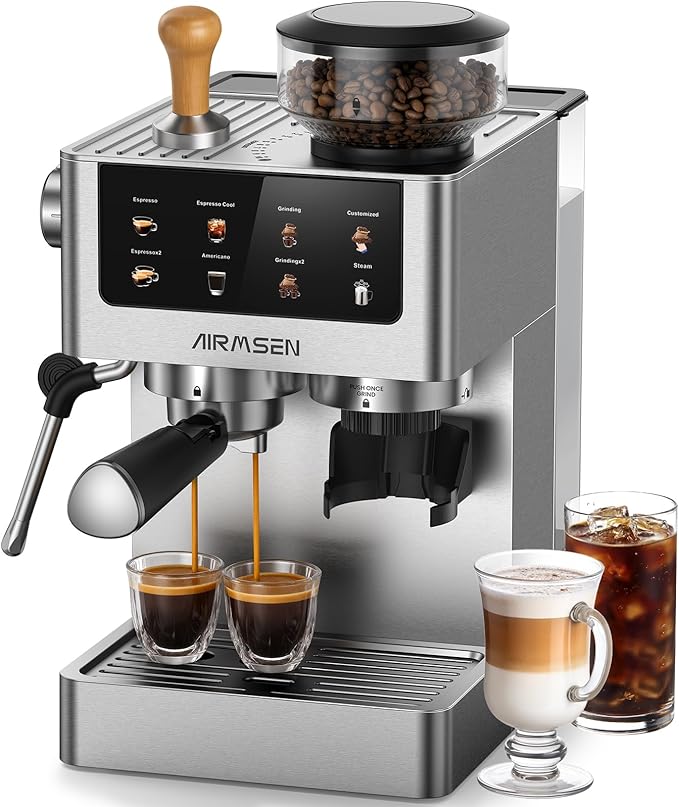 AIRMSEN Espresso Machines with Burr Grinder, 20 Bar, Milk Frother Steam Wand, Stainless Steel Coffee Maker for Home - Cappuccino Latte & Cold Brew Iced Coffee Maker & Americano