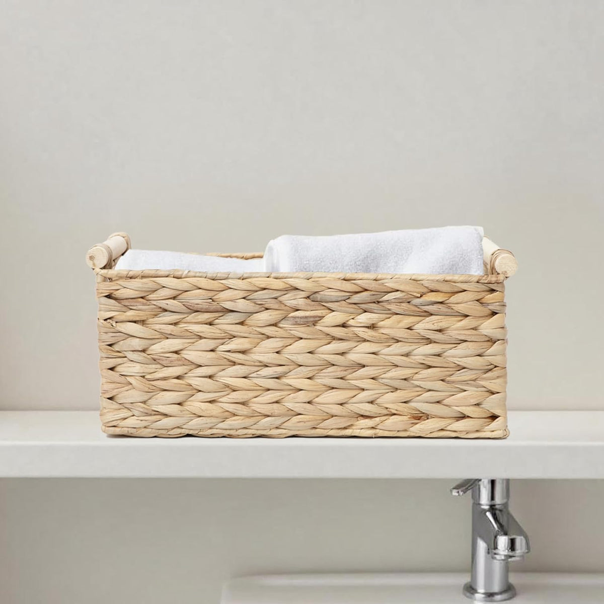 Handmade Water Hyacinth Woven Storage Baskets with Wooden Handles, Rectangle Rustic Organizer Set for Home Decor, Kitchen, Bedroom & Office (Large)