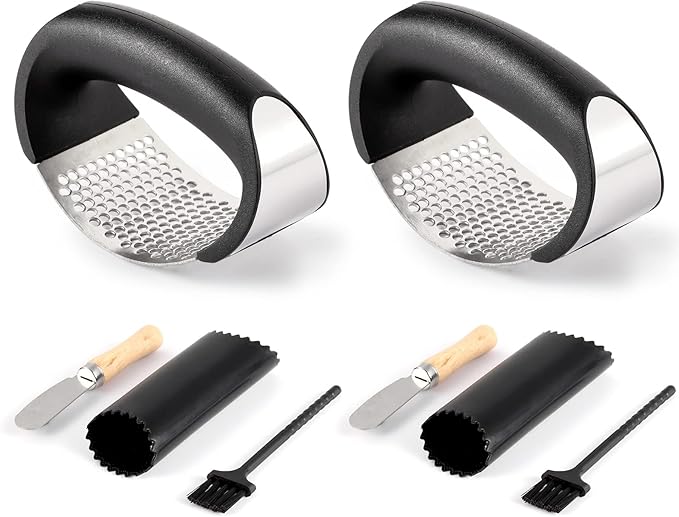 2 Pack Garlic Press Rocker, Stainless Steel Garlic Mincer with 2 Peelers, 2 Scrapers and 2 Brushes | Garlic Crusher Garlic Chopper for Smashing Garlic
