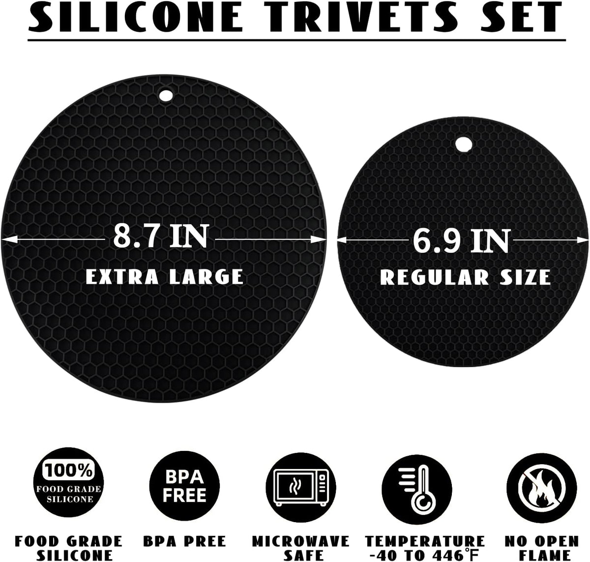 4 Pack Silicone Trivet Mats, 7 Inch & 9 Inch Flexible Heat Resistant Silicone Hot Pads Pot Holders for Kitchen Counter, Round Trivets for Hot Dishes - Potholders Jar Opener(Black)