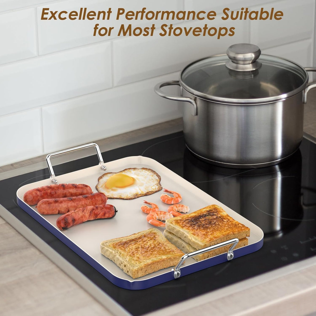 17.7" x 13" Burner Griddle Pan for Stove Top Oven, Stainless Steel Handles, Non Stick Ceramic Griddle Pan Griddle Skillet, PTFE Free PFOA Free, Blue
