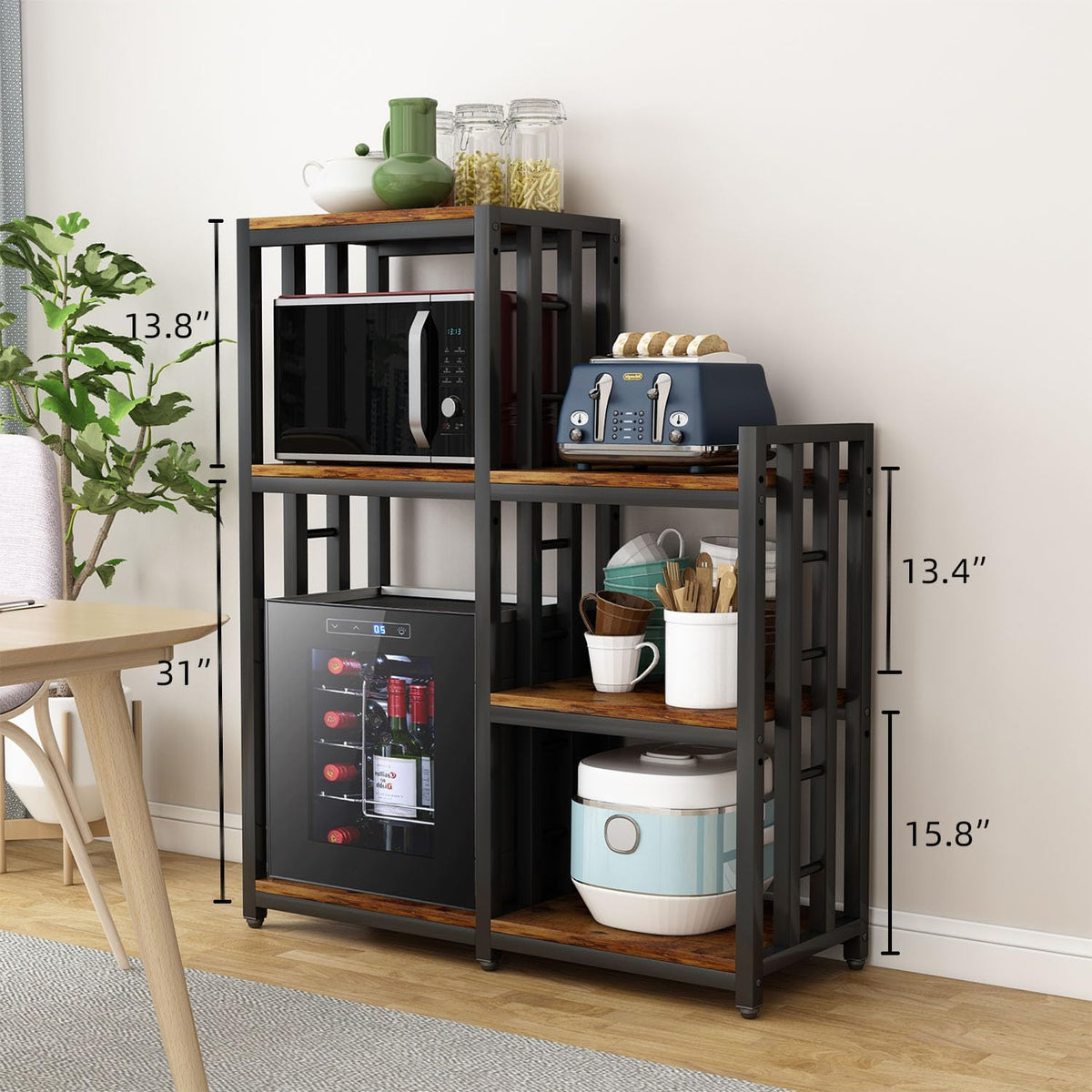 BRIGHTSHOW Kitchen Storage Shelf Bakers Rack, 6-Tier Coffee Bar Table, Kitchen Microwave & Mini Fridge Stand Shelves for Spices, Pots and Pans (52 x 40 x 17.5inch) (Tiger Brown)