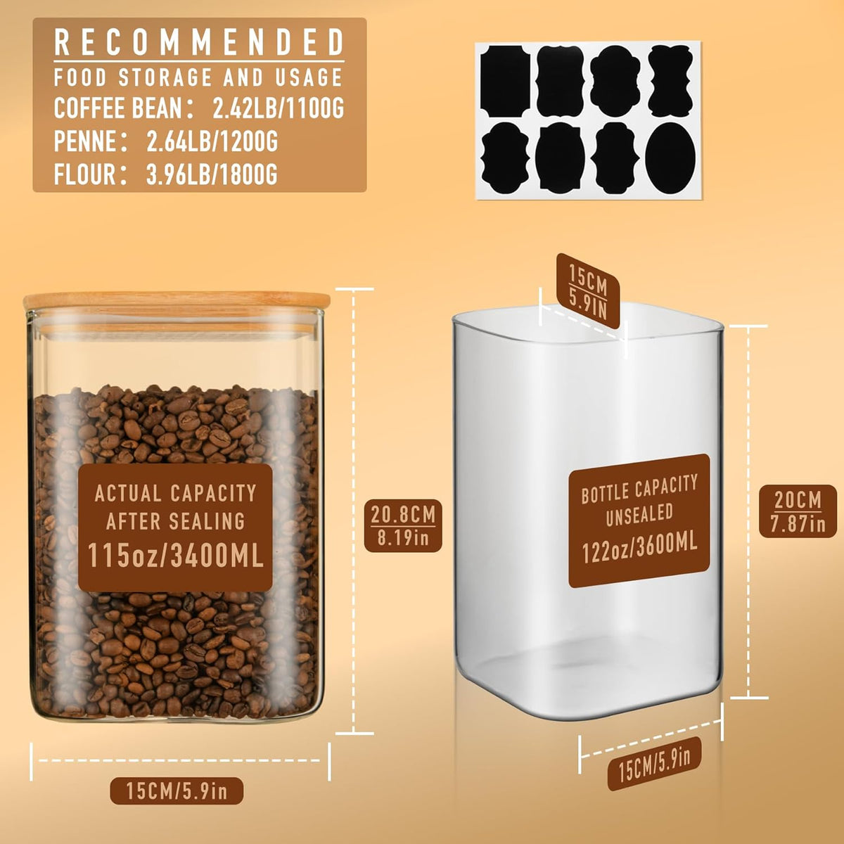 122oz Airtight Glass Square Storage Canister with Bamboo Lid Set of 1 (3600ml) Gallon Glass Jars Large Kitchen Canister for Sugar, Flour, Cookies and Coffee beans (‎with Black Lable)