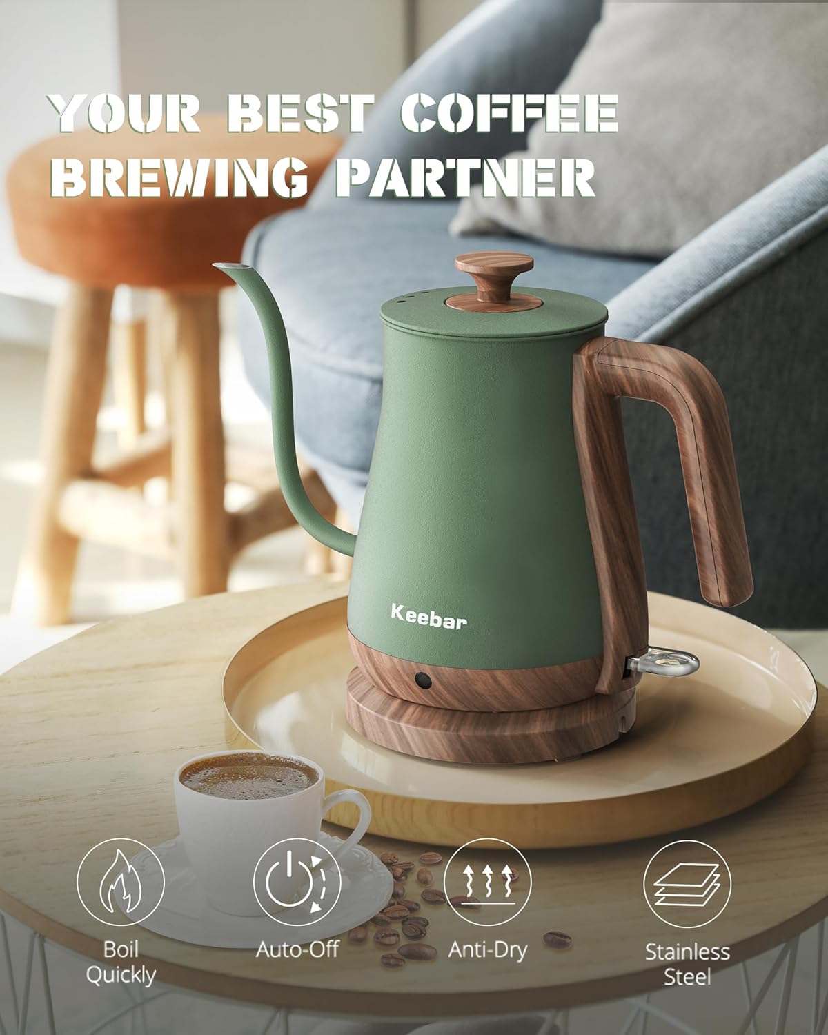 Gooseneck Electric Kettle, Electric Tea Kettle Stainless Steel, Pour over kettle for Coffee, 1000W Hot Water Kettle Electric Auto Shut Off, 0.8L, Wood-like Grain Finish Handle, Matcha Green