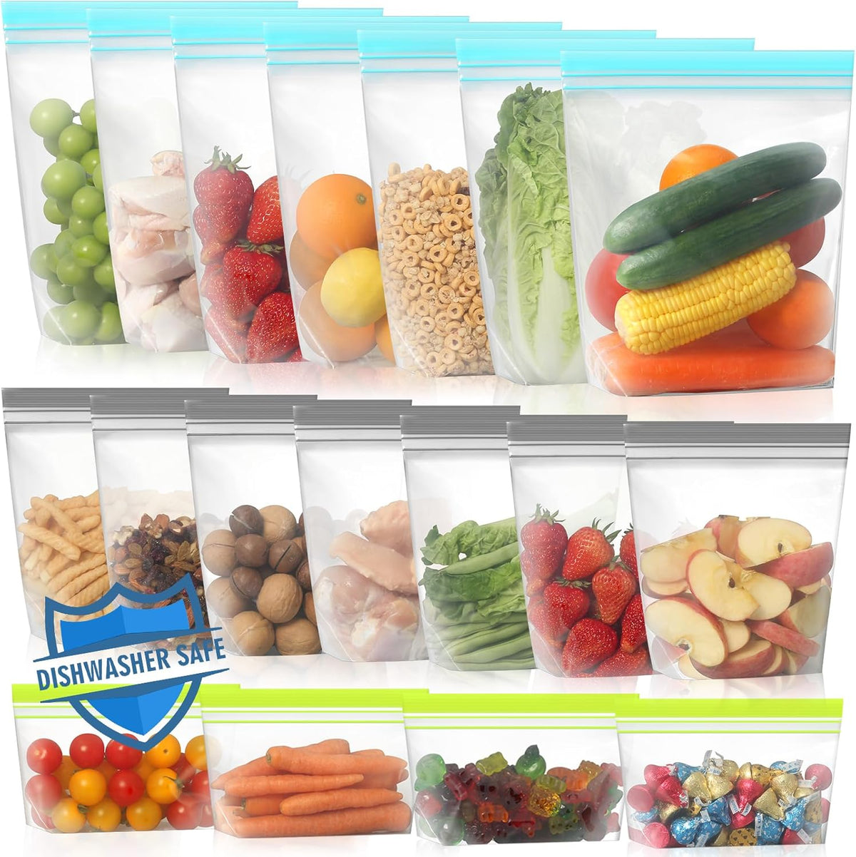 Lerine 18 Pack Reusable Freezer Bags Dishwasher Microwave Safe, Stand Up BPA Free Reusable Sandwich Bags, Silicone Free Leakproof Food Storage Bags for Meal Prep - 7Gallon 7Sandwich 4Snack