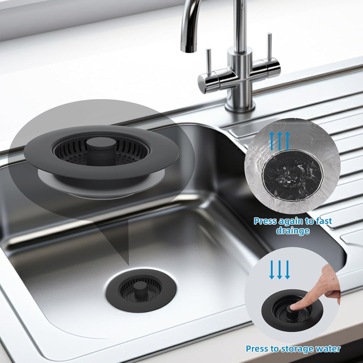 Hibbent All Metal Stainless Steel 3 in 1 Kitchen Sink Drain Strainer, Upgraded Sink Stop Combo, 3 Anti-Clogging Stainless Steel Baskets Strainer with Metal Handle for US Standard 3-1/2" Drain, Black