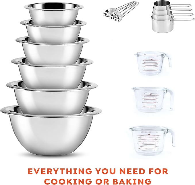 Eatex Mixing Bowls with Measuring Cups & Measuring Spoons 17 Piece Set - Nesting Stainless Steel Mixing Bowls Set for Kitchen, Measuring Spoons & Glass Liquid Measuring Cups, Dishwasher Safe Meal Prep