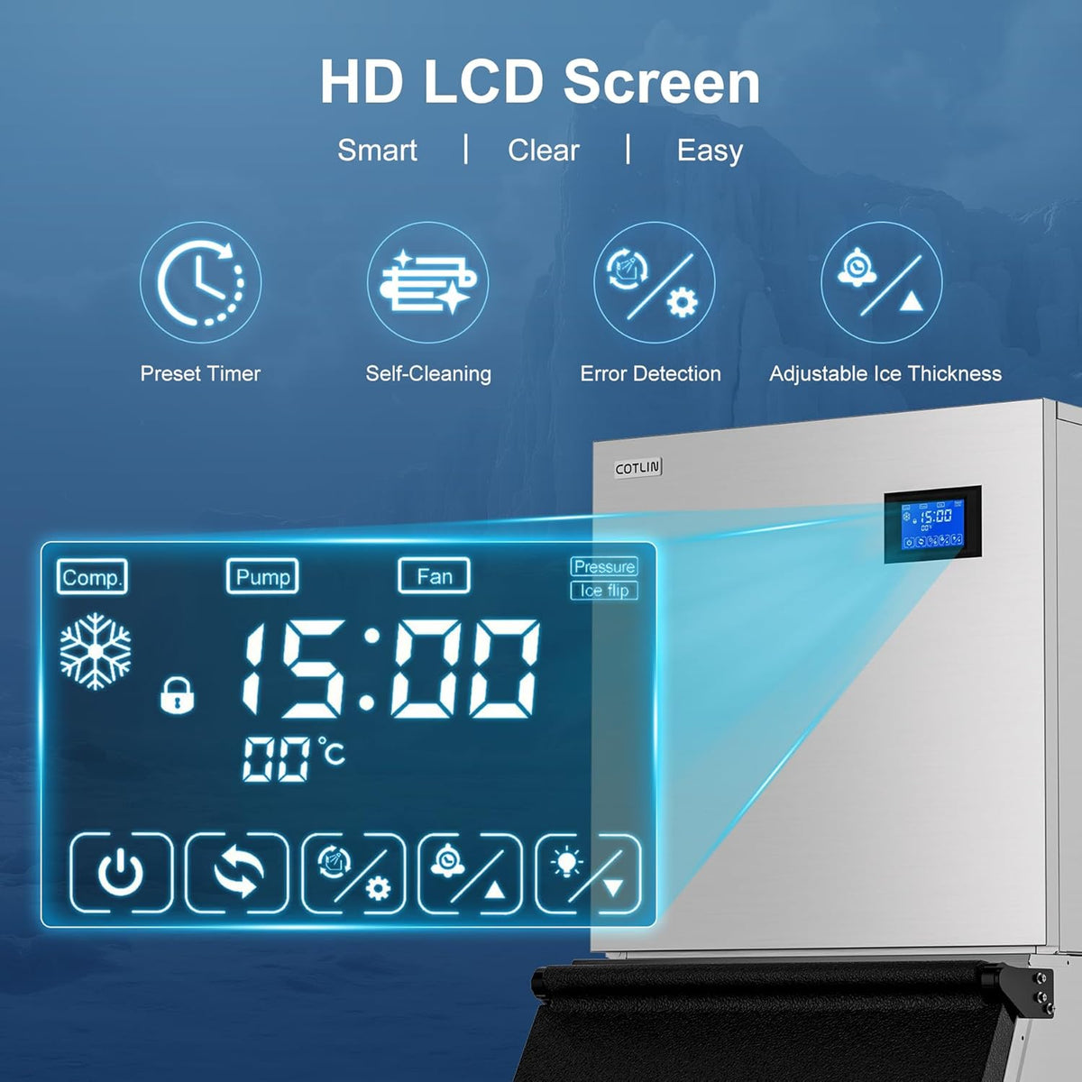 COTLIN 22" Commercial Ice Maker Machine 550LBS/24H with 350LBS Storage Bin, SECOP Compressor, 195 Ice/5–15 Min, Large Nugget Industrial Ice Maker with Water Filter, Self-Cleaning/Timing for Business