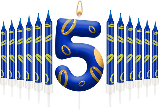 13PCS Birthday Cake Candles Set - Blue and Golden Ring Number Candles with Vibrant Designs for Boys & Girls, Theme Birthday Party Decorations, Cake Toppers for Theme Parties(Number 5)
