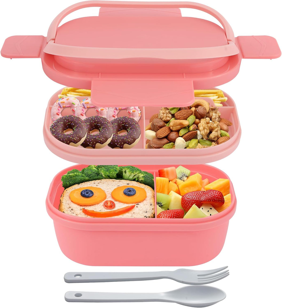 Bento Box Adult Lunch Box with Hidden-Handle, Leak-Proof Lunch Containers for Women & Girls, 2-Layer 5-Compartment 6 Cup with Utensils, Pink