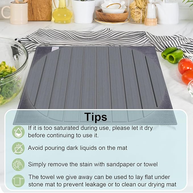 Stone Dish Drying Mat for Kitchen Counter,24"(L)×16"(W) Collapsible Fast-Drying Diatomaceous Earth Mats with Towel Sanding Tool,Versatile Stone Drying Mats for Cups Dishes Bottles