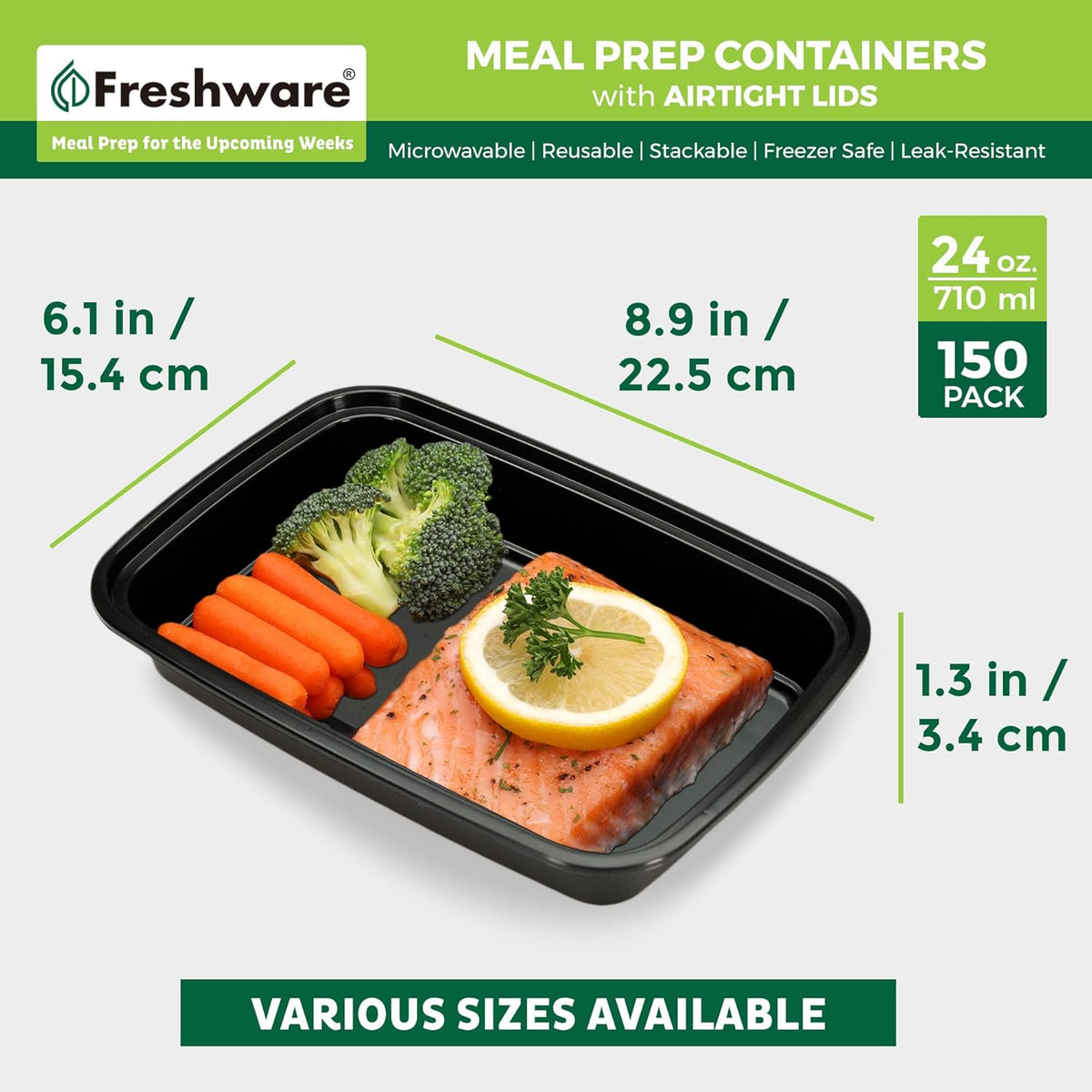 Freshware Meal Prep Containers [150 Pack] 1 Compartment with Lids, Food Storage Containers, Bento Box, BPA Free, Stackable, Microwave/Dishwasher/Freezer Safe (24 oz)