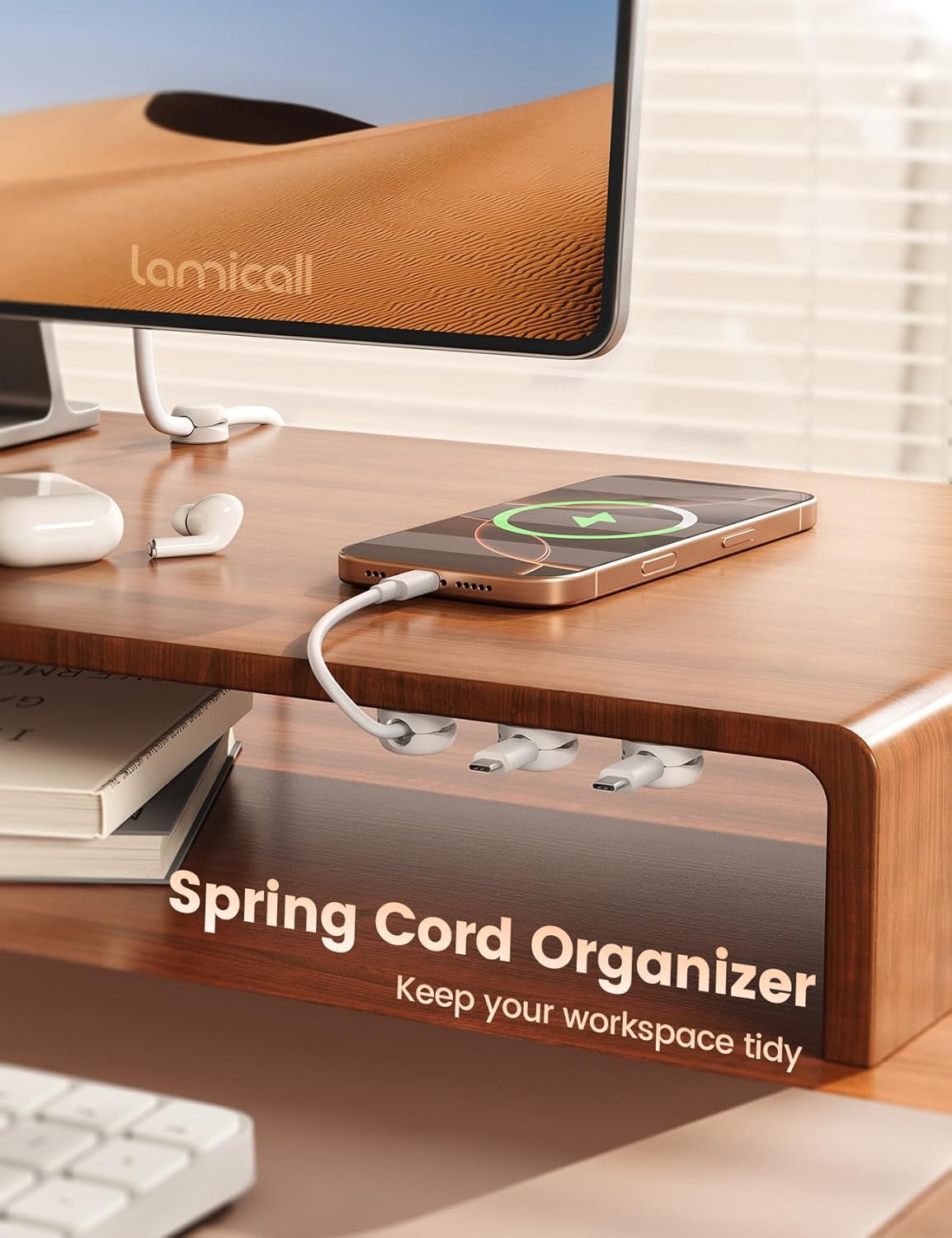 Lamicall Spring Cord Organizer, Office Desk Accessories - 12Pack Compact Desk Cable Management Holder Clips, Nightstand Phone Charging Cord Holder, 8mm Slot Adhesive Wire Organizer, White