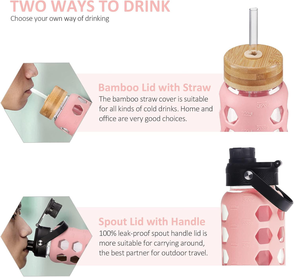 MUKOKO 32oz Glass Water Bottles with 2 Lids-Handle Spout Lid&Bamboo Straw Lid, Motivational Water Tumbler with Time Marker Reminder and Silicone Sleeve, Leakproof-Pink-1 Pack