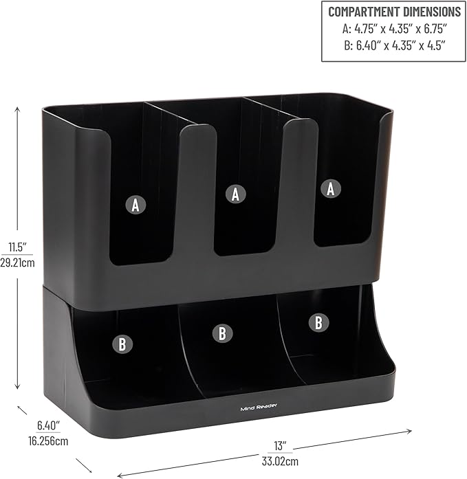 Mind Reader Cup and Condiment Station, Countertop Coffee Bar Organizer with 6 Compartments, Storage Caddy for Cups Lids and Packets, Plastic, Black