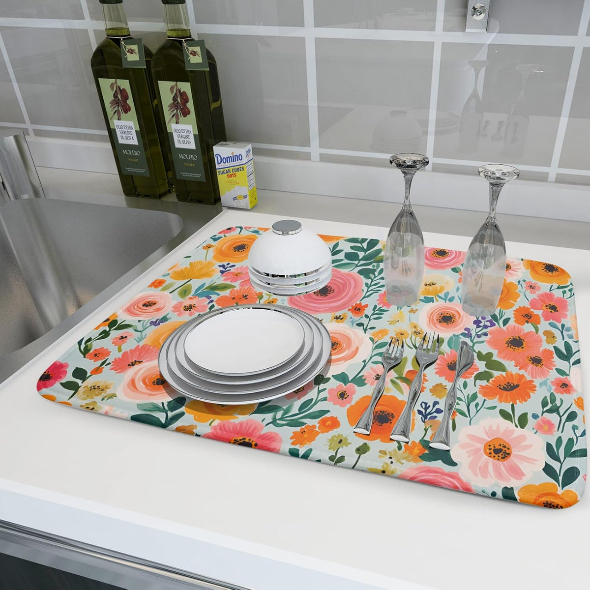 Watercolor Flower Dish Drying Mat - Pink Floral Drying Mat for Kitchen Counter 18 X 24 In