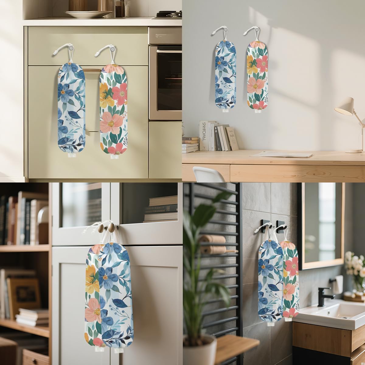 2Pcs Watercolor Flower Plastic Bag Holder, Wall Mount Grocery Bag Holder for Plastic Bags, Colorful Floral Reusable Grocery Bags Storage Dispenser for Home Kitchen Decor, Flower Gifts for Women Mom