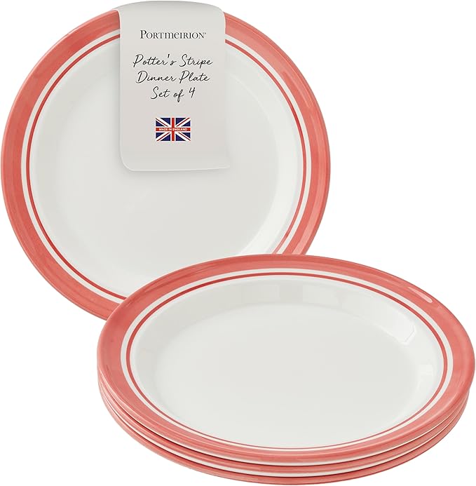 Portmeirion Potter's Striped Dinner Plate (Set of 4) - 10.5-Inch Stackable Earthenware Plates - Microwave & Dishwasher Safe, Handcrafted Dinnerware for Casual & Formal Table Settings (Red Stripe)