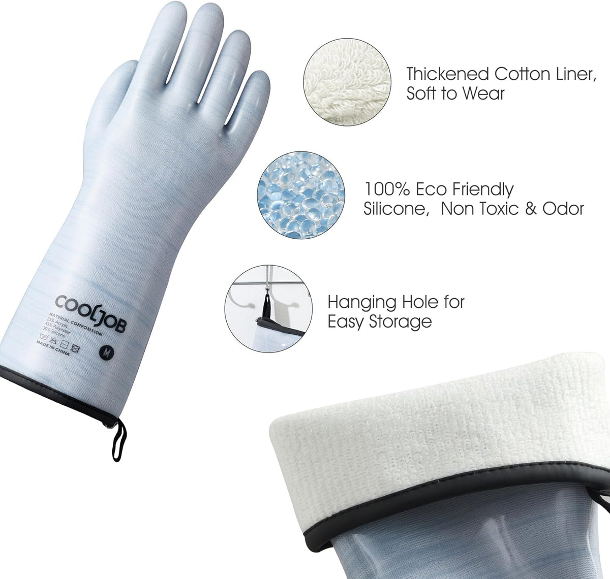 COOLJOB Heat Resistant Oven Gloves, Waterproof Liquid Silicone BBQ Grilling Gloves for Barbecue, Kitchen Cleaning, Baking, Blue, XL