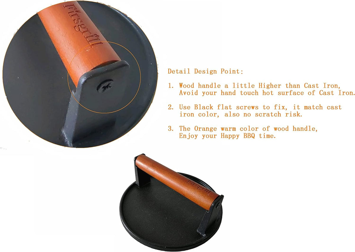 Burger Press 7.08" Round,Heavy-Duty Cast Iron Smash Burger Press Meat Steak With Wood Handle for Blackstone Camp chef Pitboss Weber Griddle Grills(Round)