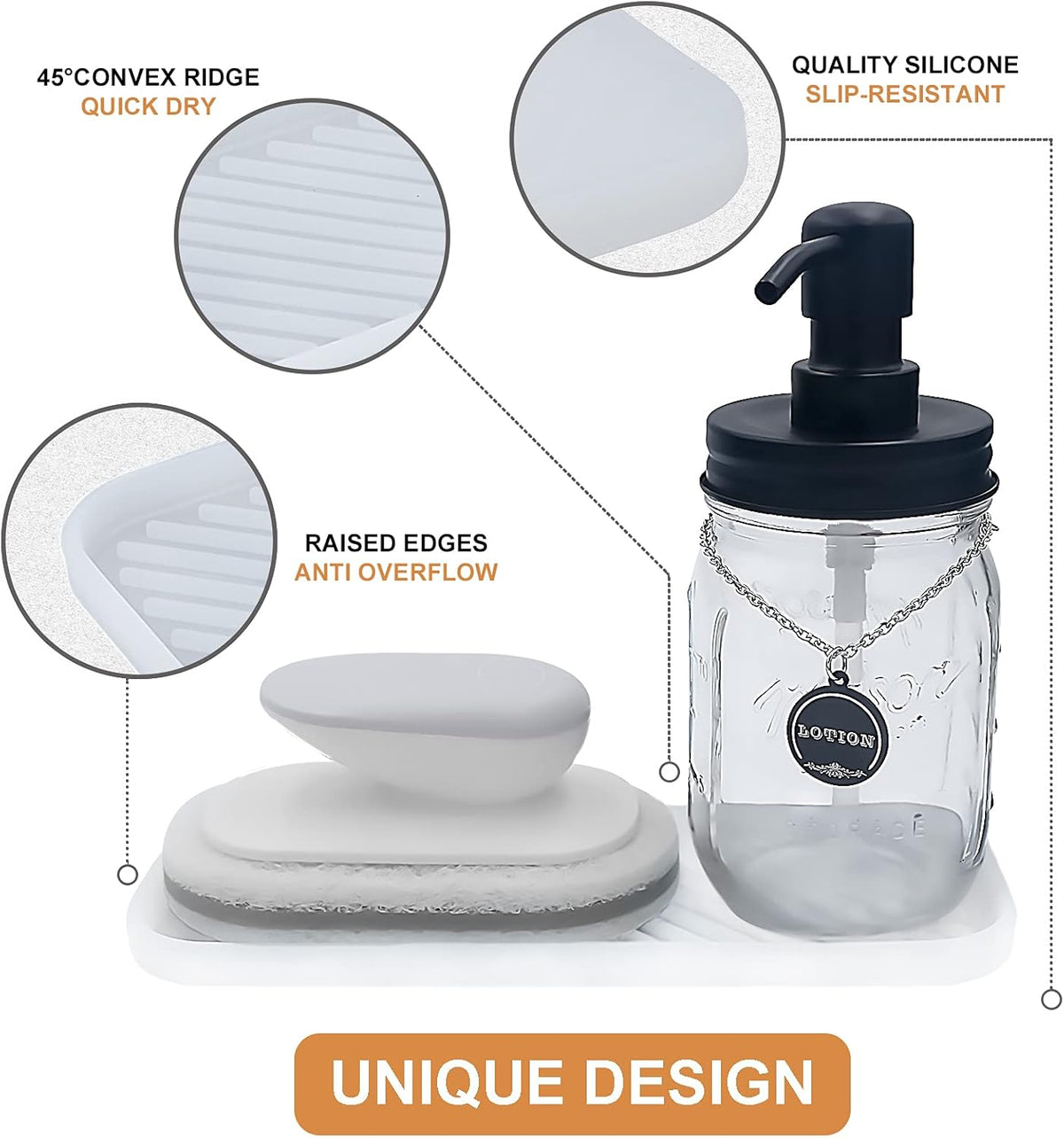 Silicone Organizer Tray, Soap and Sponge Holder for Kitchen Sink, Bathroom - Storage Tray for Dish Brush, Soap Dispenser, Dishwashing Accessories- 2 Pack (Clear)