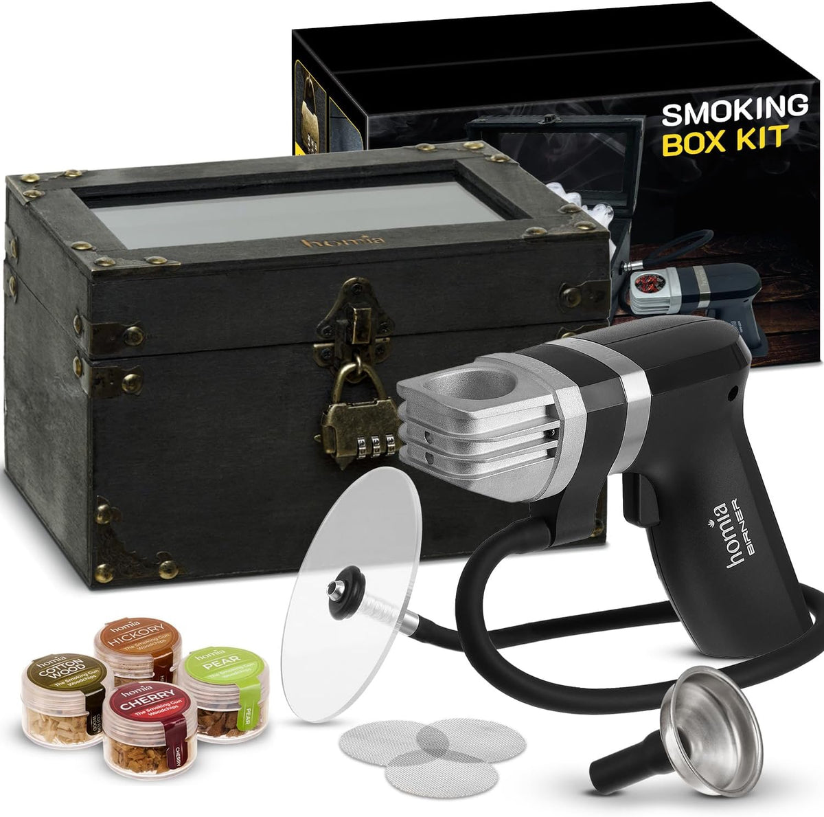 Cocktail Smoker Kit - Whiskey Smoker Kit - Smoke Infuser Birner PRO - Smoking Box, 12 PCS, with Accessories and Wood Chips - Cold Smoke for Food and Drinks, Black - Gift for Men