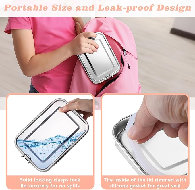TeamFar Stainless Steel Bento Box, 4 Pack (16 * 2, 28 & 47oz) Metal Lunch Box with 3 Compartments for Adults Kids, Lunch Food Containers for School/Work/Meal Prep, Leak-Proof, 550ML*2+850ml+1400ML
