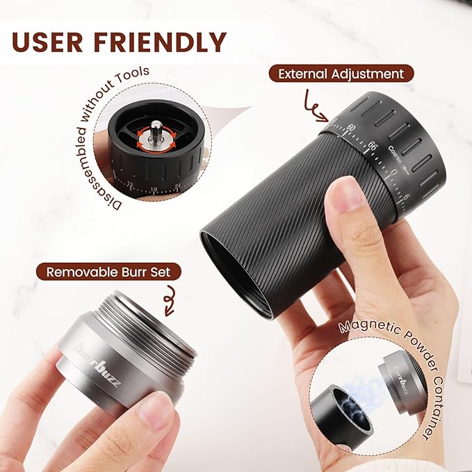 MB2 Manual Coffee Grinder, External Adjustment, 35g Large Capacity Burr Grinder, Magnetic Catch Cup Less Mess, Stainless Steel Burr Espresso Grinder Great Flavor in Pour Over, French Press