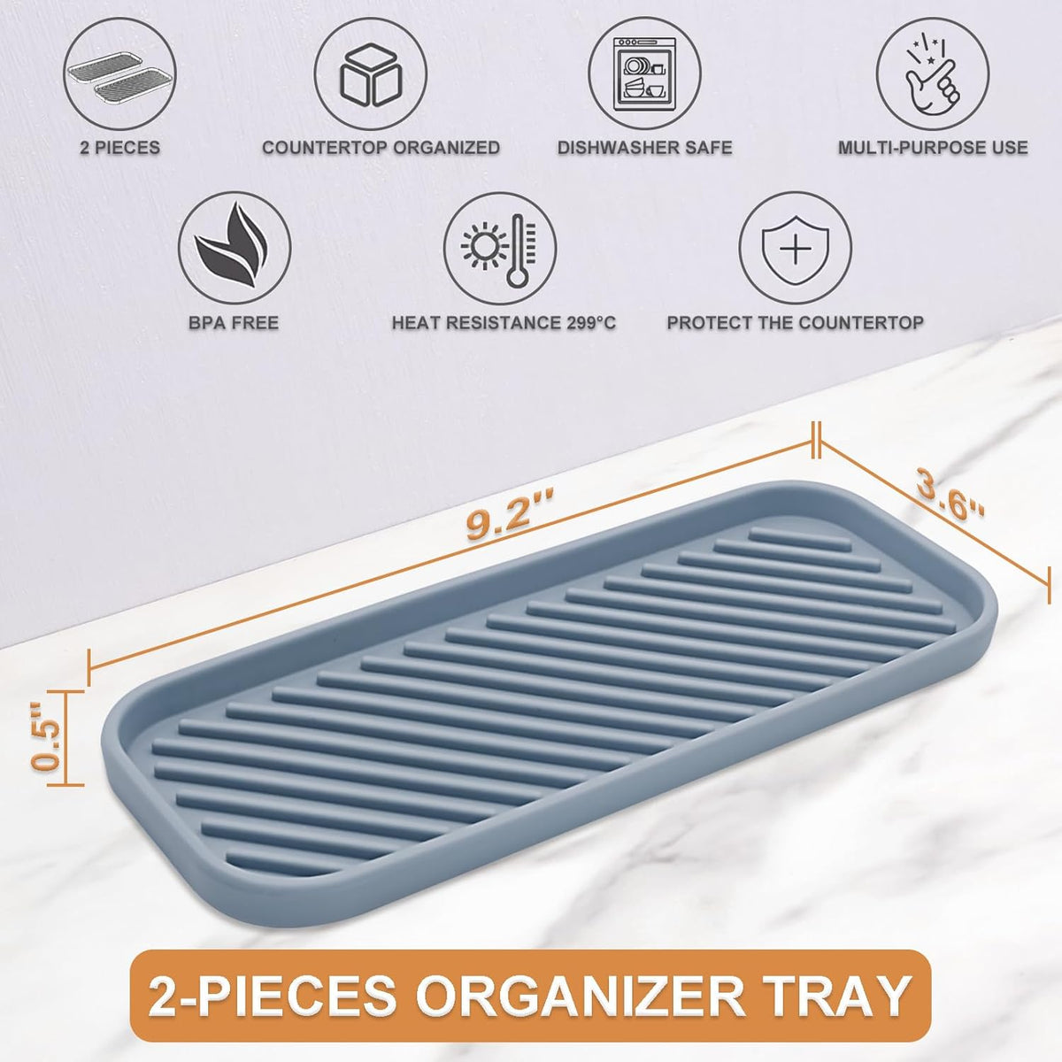 Silicone Organizer Tray, Soap and Sponge Holder for Kitchen Sink, Bathroom - Storage Tray for Dish Brush, Soap Dispenser, Dishwashing Accessories- 2 Pack (Gray)
