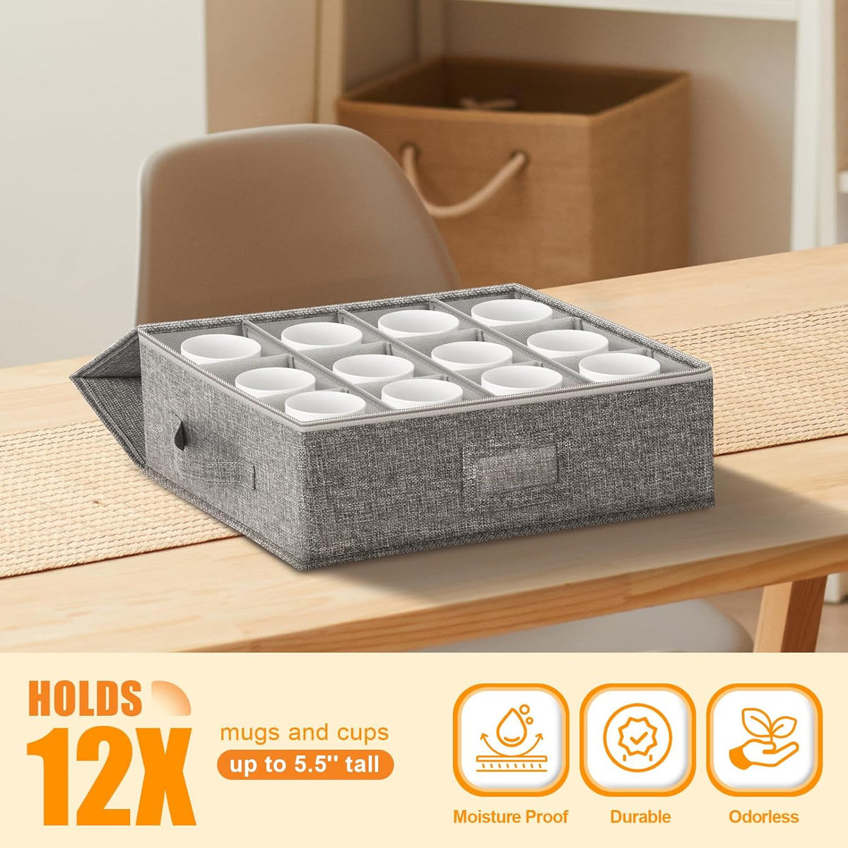 Coffee Mug Storage Box 2 Pack with Dividers, China Storage Containers Organizer Moving Supplies, Hard Shell & Stackable for Coffee Mugs, Tea Cups w/Sturdy Lid & Handles, 24 Compartments, Grey