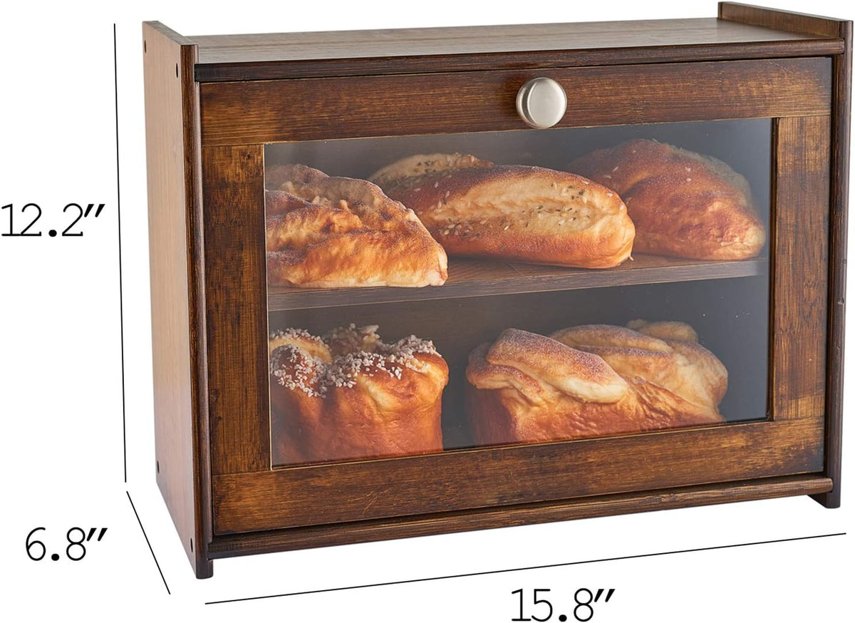 Bamboo Wooden Bread Box for Kitchen Countertop, Storage Box with Transparent Window, 2-Layer Large Capacity, Kitchen Bread Holder, Self Assembly