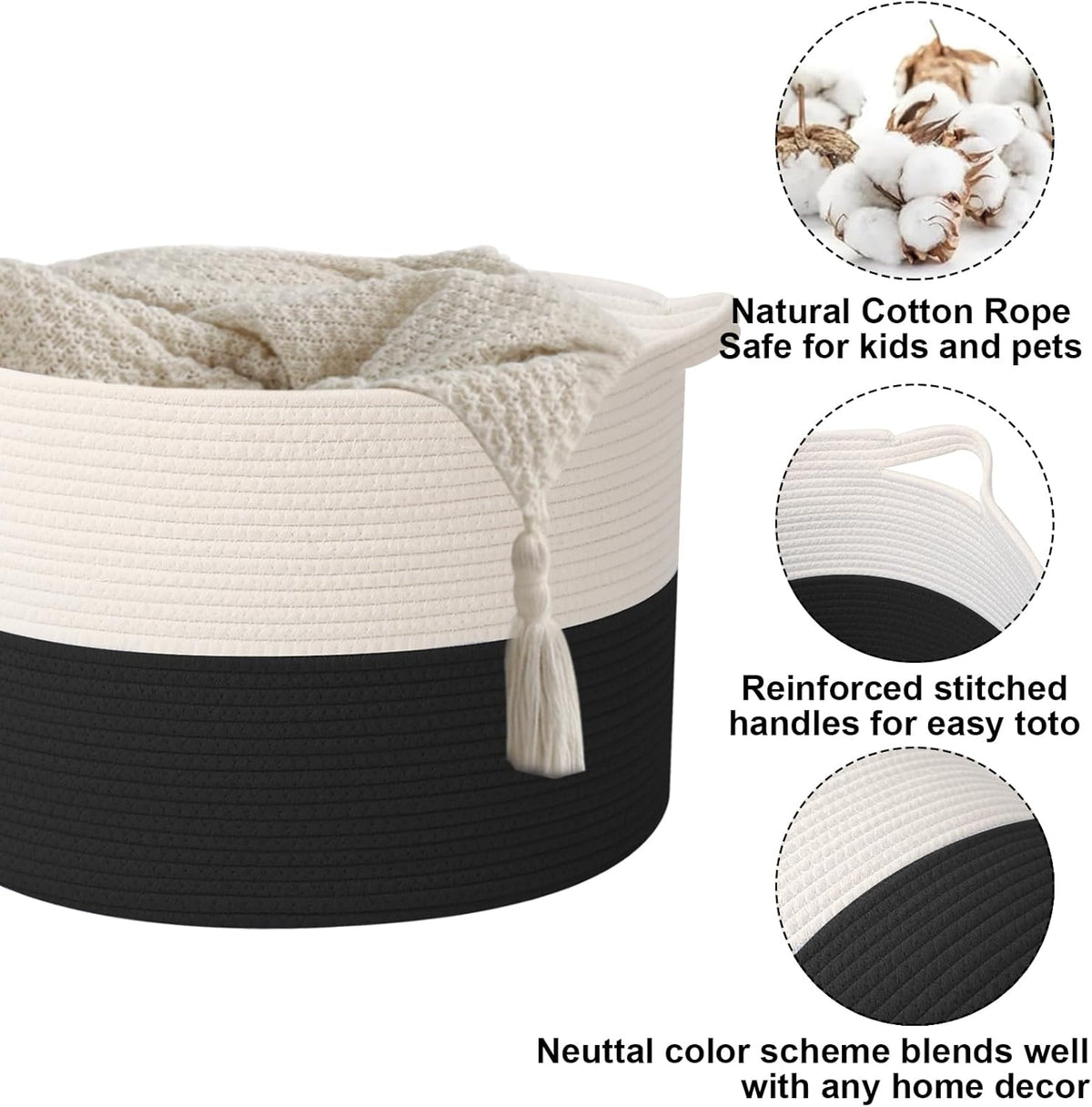 Large Blanket Basket for Organizing,65L Closet Organizers and Storage Bins Box for Shelves Woven Rope Storage Baskets,Living Room,Bedroom,Dorm,Laundry room (White&Black)