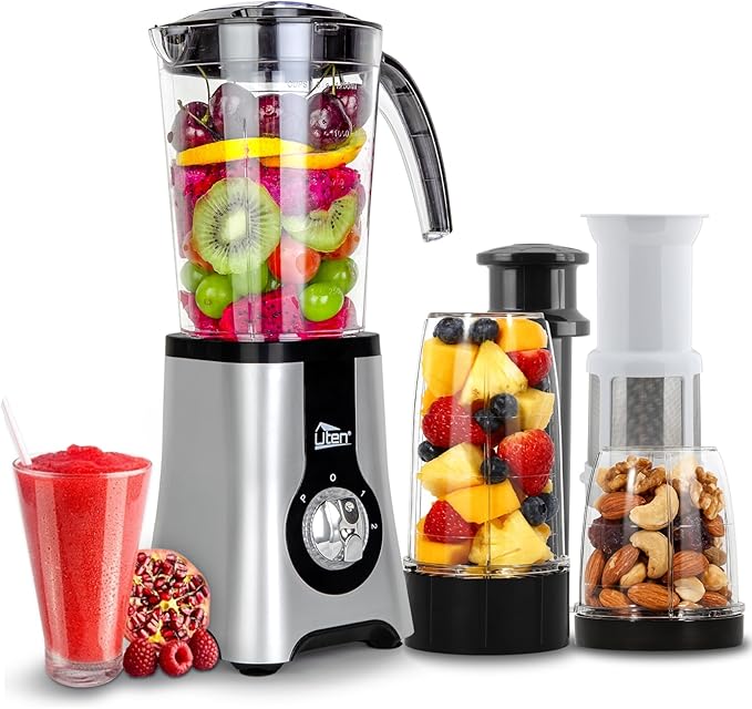 Uten 5-in-1 Smoothie Blender 42 oz/1.25L, Multi-Functional Mixer, Smoothie Maker, Juicer, Grinder with 304 Stainless Steel Blades, BPA-Free, Dishwasher Safe, Includes 3 Blender Cups & 2 Travel Bottles